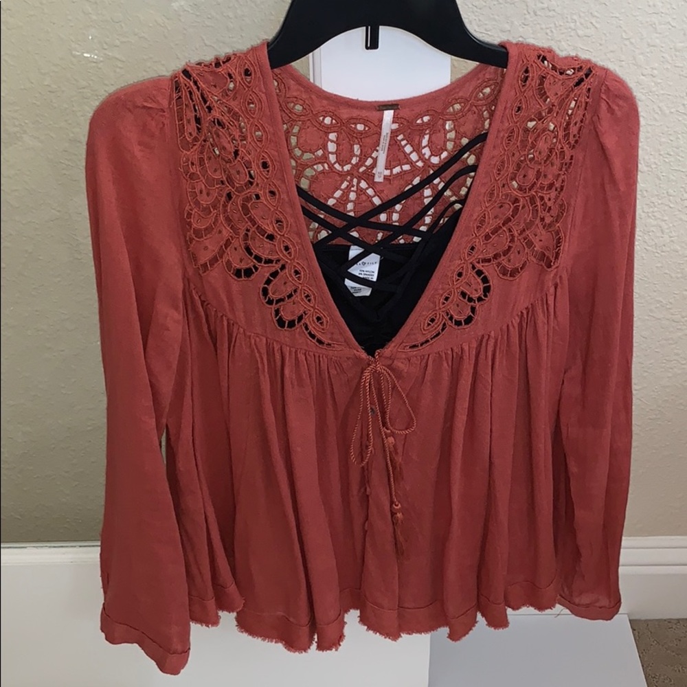 Free People Embellished Cutout Peasant Top